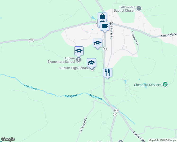map of restaurants, bars, coffee shops, grocery stores, and more near 4315 Riner Road in Riner
