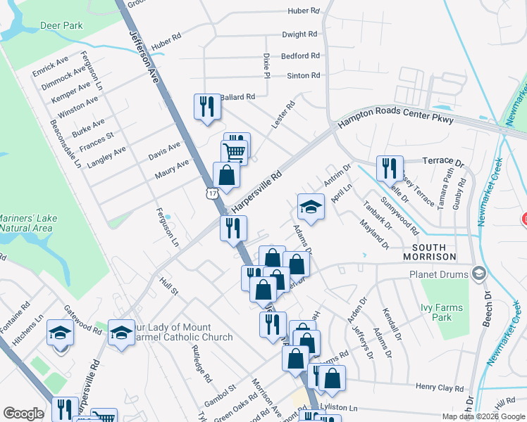 map of restaurants, bars, coffee shops, grocery stores, and more near 11122 Jefferson Avenue in Newport News