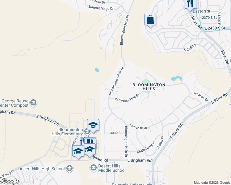 map of restaurants, bars, coffee shops, grocery stores, and more near 1135 Redwood Tree Street in St. George