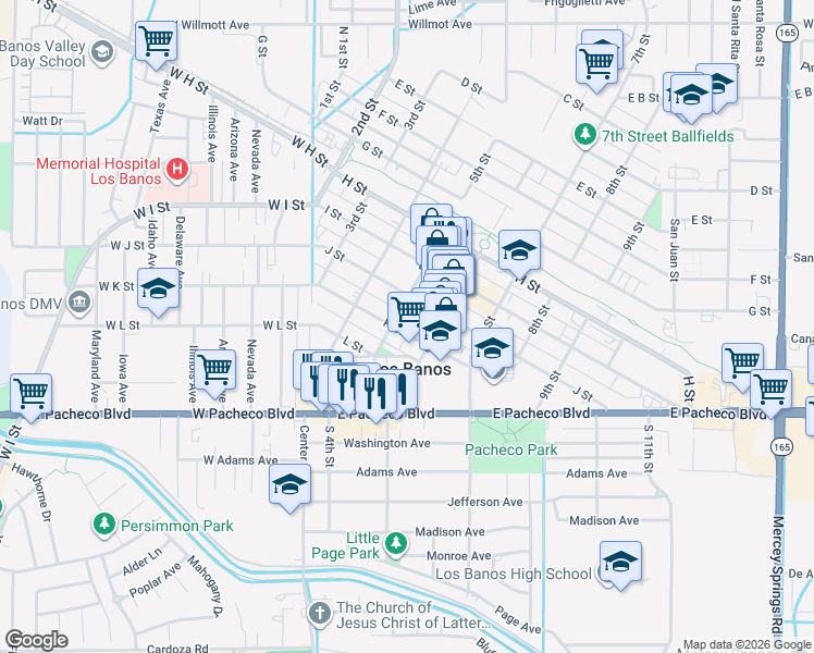 map of restaurants, bars, coffee shops, grocery stores, and more near in Los Banos