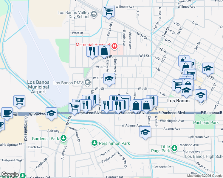 map of restaurants, bars, coffee shops, grocery stores, and more near 545 West L Street in Los Banos