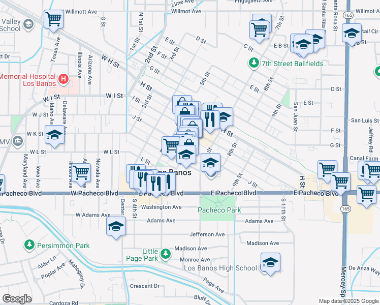map of restaurants, bars, coffee shops, grocery stores, and more near 1044 6th Street in Los Banos