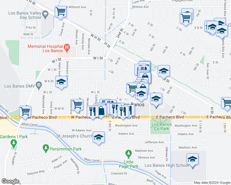 map of restaurants, bars, coffee shops, grocery stores, and more near 1130 4th Street in Los Banos