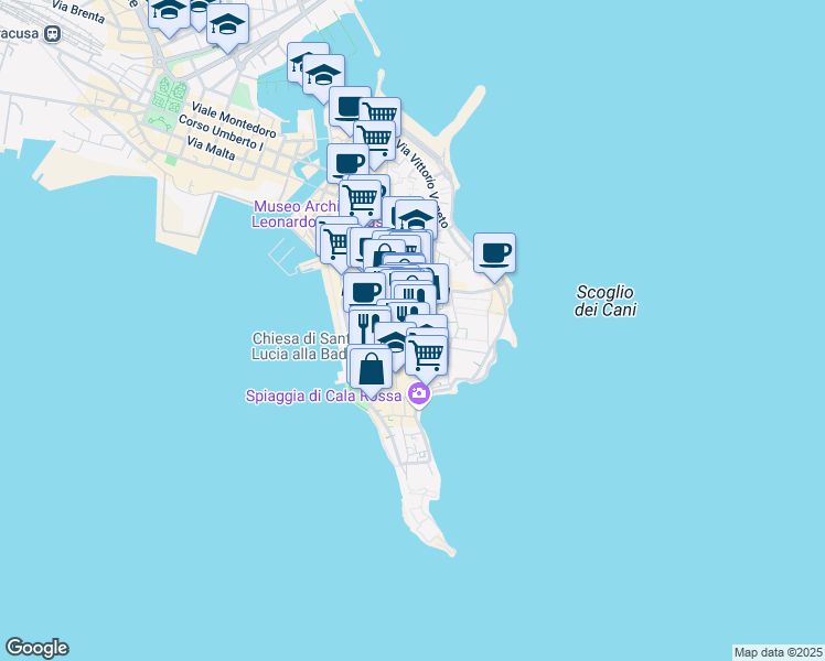 map of restaurants, bars, coffee shops, grocery stores, and more near 2 Via delle Vergini in Siracusa