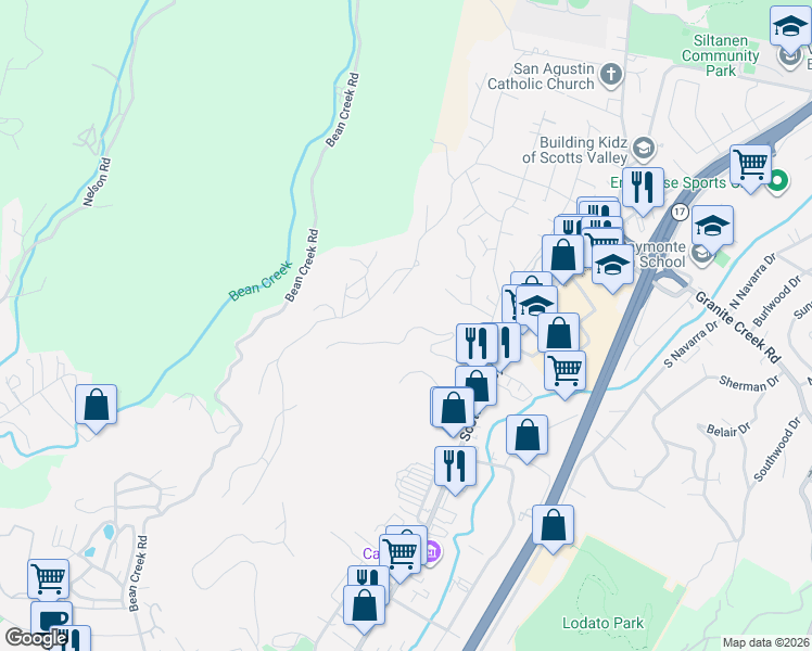 map of restaurants, bars, coffee shops, grocery stores, and more near 26 Willis Road in Scotts Valley