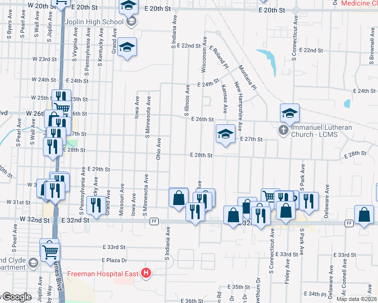 map of restaurants, bars, coffee shops, grocery stores, and more near 2806 Wisconsin Avenue in Joplin