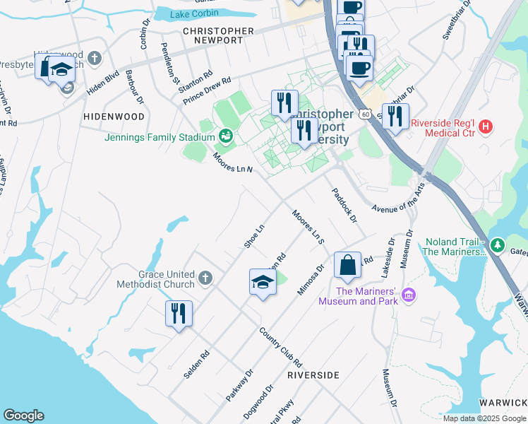 map of restaurants, bars, coffee shops, grocery stores, and more near 115 Shoe Lane in Newport News