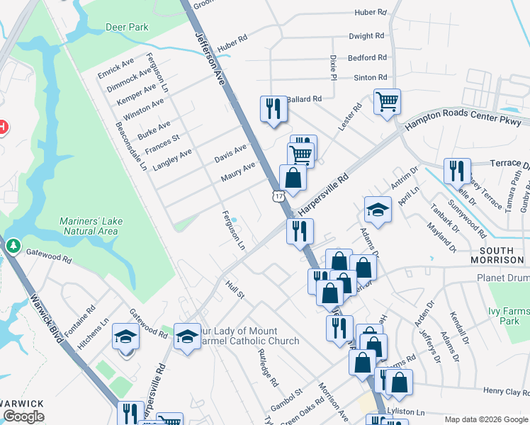 map of restaurants, bars, coffee shops, grocery stores, and more near 2 Howard Court in Newport News