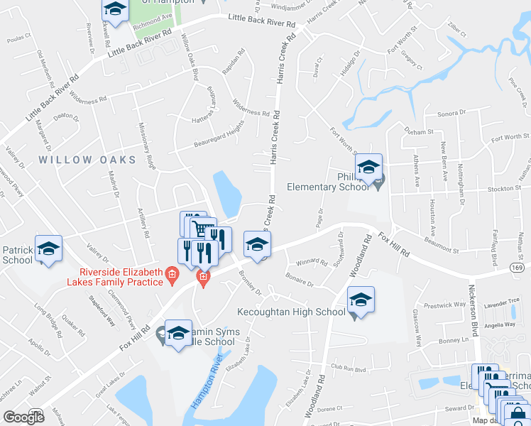 map of restaurants, bars, coffee shops, grocery stores, and more near 13 Harris Creek Road in Hampton