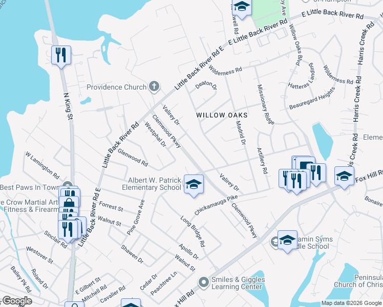 map of restaurants, bars, coffee shops, grocery stores, and more near 100 Agnes Court in Hampton