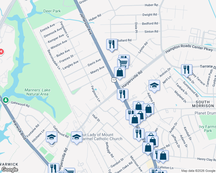 map of restaurants, bars, coffee shops, grocery stores, and more near 2 Howard Court in Newport News