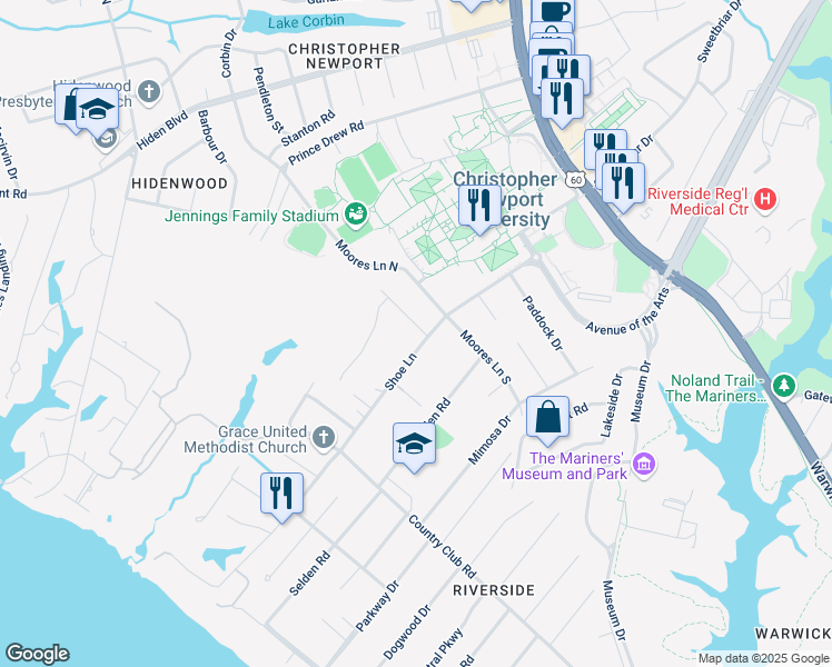 map of restaurants, bars, coffee shops, grocery stores, and more near 115 Shoe Lane in Newport News