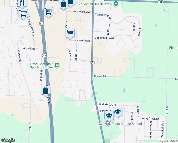 map of restaurants, bars, coffee shops, grocery stores, and more near 1408-1414 Frosty Drive in Ozark