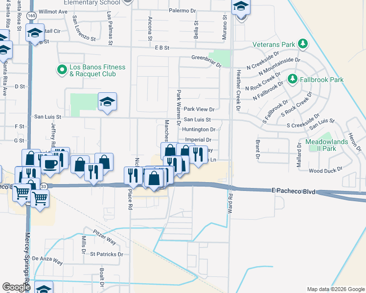 map of restaurants, bars, coffee shops, grocery stores, and more near 2122 Canal Farm Lane in Los Banos