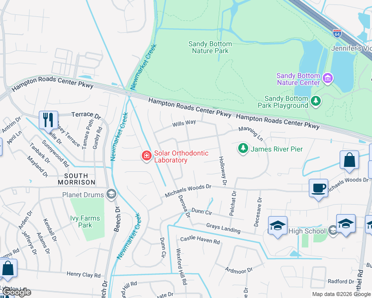 map of restaurants, bars, coffee shops, grocery stores, and more near 218 Upland Drive in Hampton