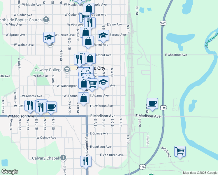 map of restaurants, bars, coffee shops, grocery stores, and more near 326 South C Street in Arkansas City