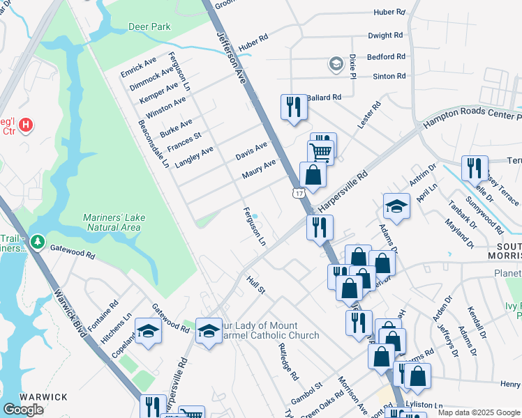 map of restaurants, bars, coffee shops, grocery stores, and more near 406 Lennon Drive in Newport News