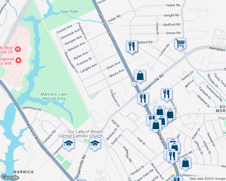 map of restaurants, bars, coffee shops, grocery stores, and more near 20 Ferguson Lane in Newport News