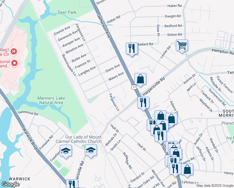 map of restaurants, bars, coffee shops, grocery stores, and more near 406 Lennon Drive in Newport News