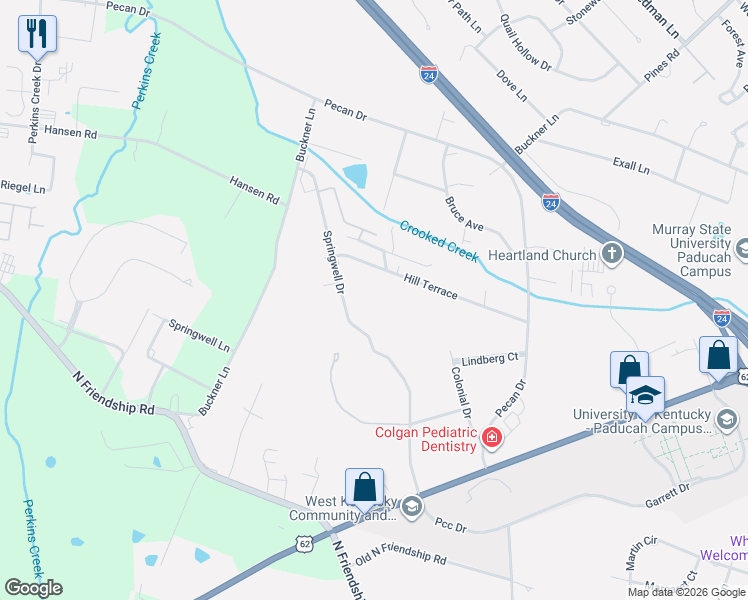 map of restaurants, bars, coffee shops, grocery stores, and more near 5200 Hill Terrace in Paducah