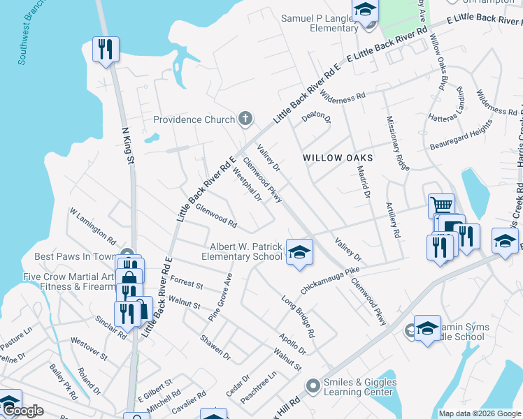 map of restaurants, bars, coffee shops, grocery stores, and more near 147 Glenwood Road in Hampton