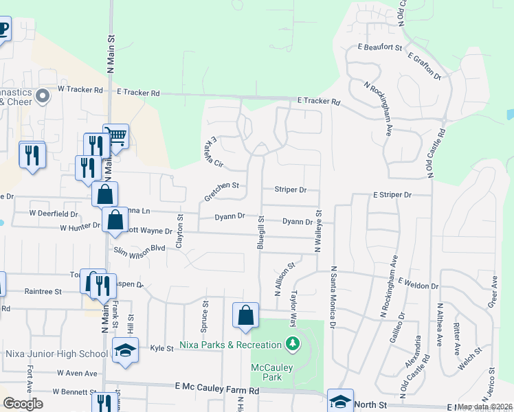 map of restaurants, bars, coffee shops, grocery stores, and more near 614 Dyann Drive in Nixa