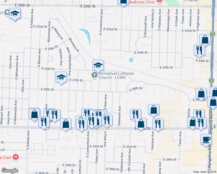 map of restaurants, bars, coffee shops, grocery stores, and more near 2802 Park Avenue in Joplin