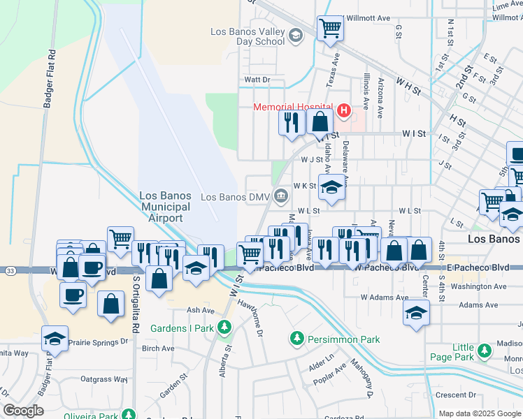 map of restaurants, bars, coffee shops, grocery stores, and more near 821 West L Street in Los Banos