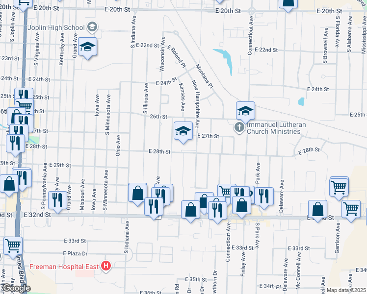 map of restaurants, bars, coffee shops, grocery stores, and more near 1323 East 28th Street in Joplin