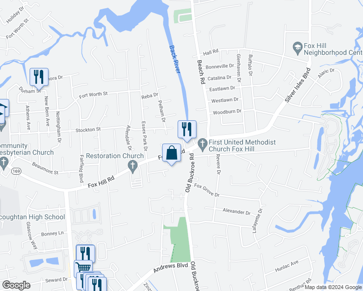 map of restaurants, bars, coffee shops, grocery stores, and more near 3 Nicole Court in Hampton