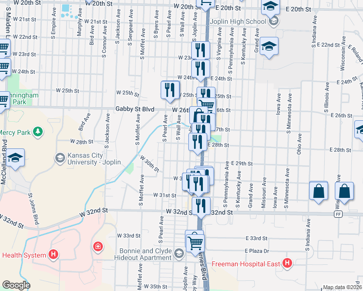 map of restaurants, bars, coffee shops, grocery stores, and more near 2715 S Wall Ave in Joplin