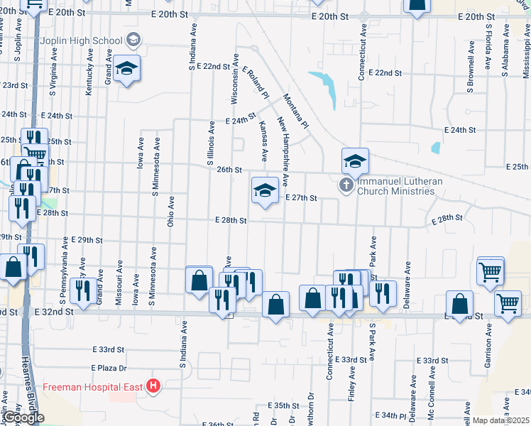 map of restaurants, bars, coffee shops, grocery stores, and more near 1323 East 28th Street in Joplin