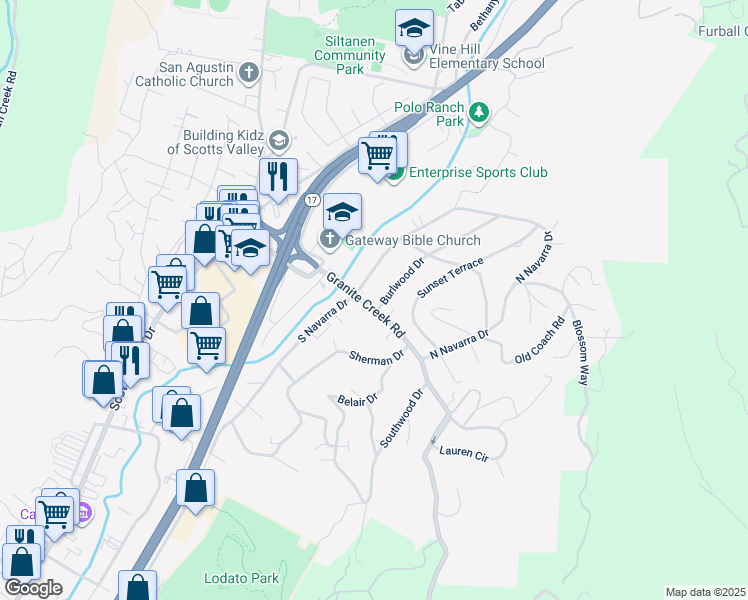 map of restaurants, bars, coffee shops, grocery stores, and more near 114 North Navarra Drive in Scotts Valley