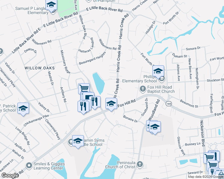 map of restaurants, bars, coffee shops, grocery stores, and more near 29 Harris Creek Road in Hampton
