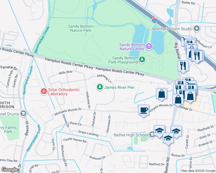 map of restaurants, bars, coffee shops, grocery stores, and more near 315 Michael Selby Drive in Hampton
