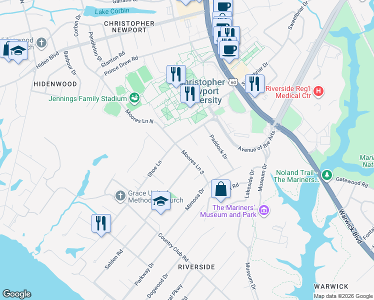 map of restaurants, bars, coffee shops, grocery stores, and more near 7 Briar Patch Place in Newport News