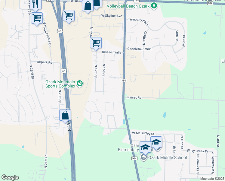 map of restaurants, bars, coffee shops, grocery stores, and more near 4449 State Highway NN in Ozark