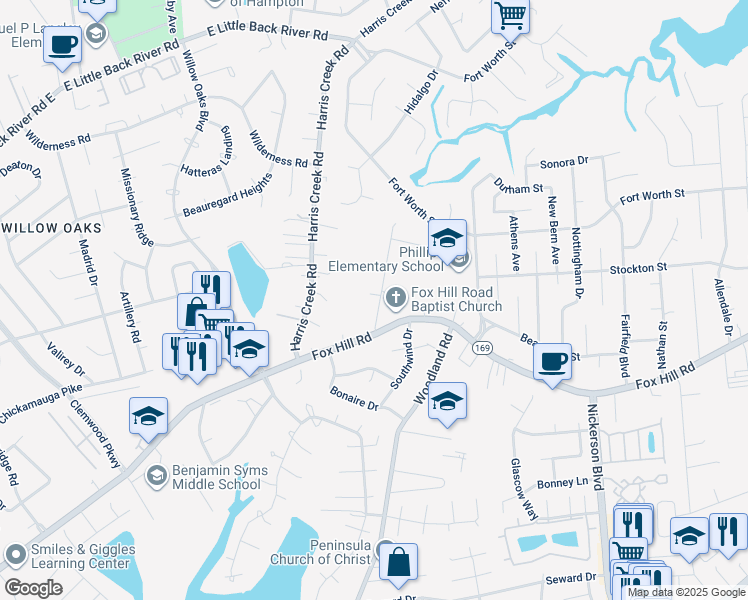 map of restaurants, bars, coffee shops, grocery stores, and more near 609 Page Drive in Hampton