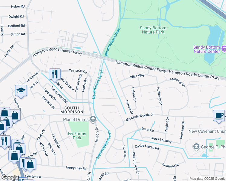 map of restaurants, bars, coffee shops, grocery stores, and more near 10 Tripp Terrace in Hampton