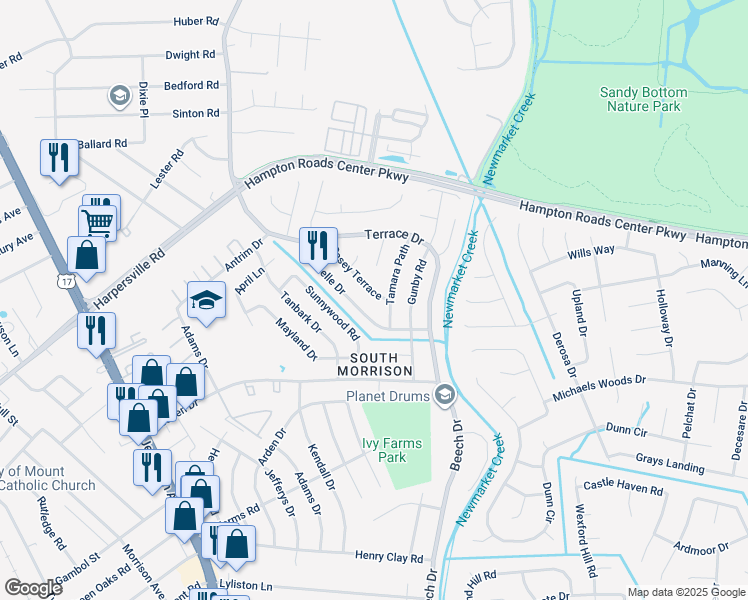 map of restaurants, bars, coffee shops, grocery stores, and more near 725 Casey Terrace in Newport News