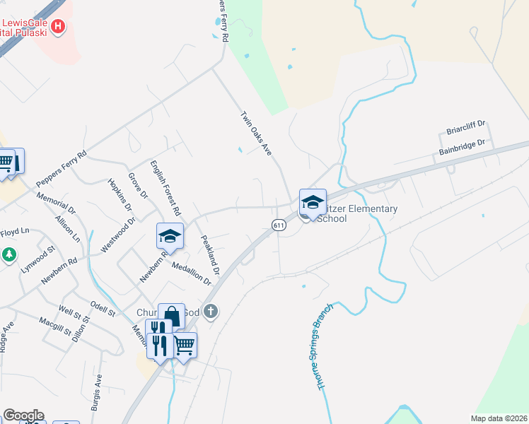 map of restaurants, bars, coffee shops, grocery stores, and more near 1789 Newbern Road in Pulaski