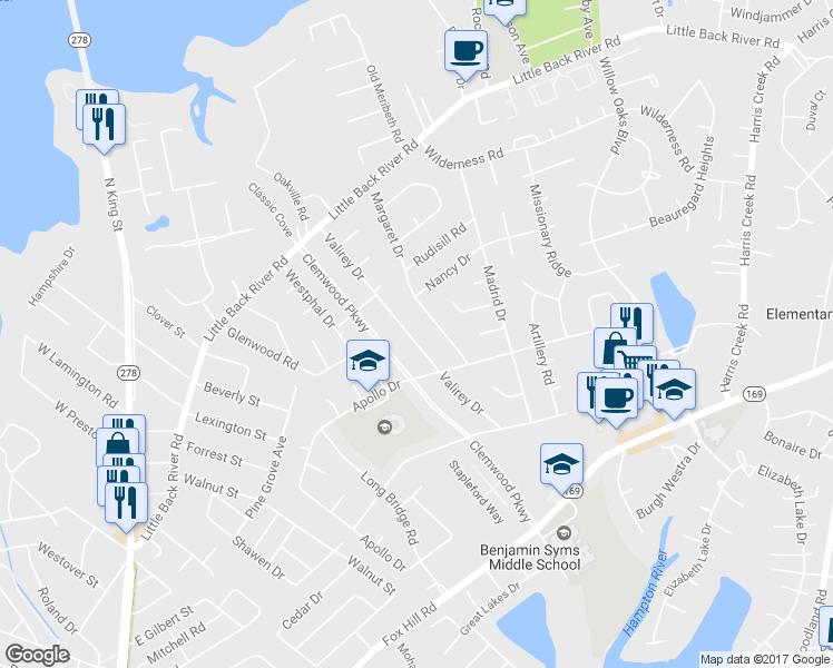 map of restaurants, bars, coffee shops, grocery stores, and more near 119 Valirey Drive in Hampton
