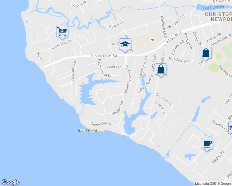 map of restaurants, bars, coffee shops, grocery stores, and more near 67 James Landing Road in Newport News