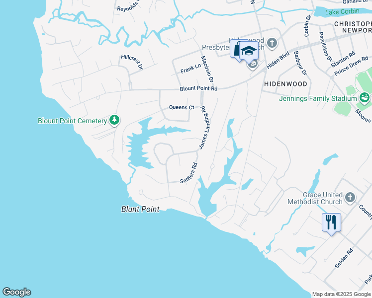map of restaurants, bars, coffee shops, grocery stores, and more near 67 James Landing Road in Newport News
