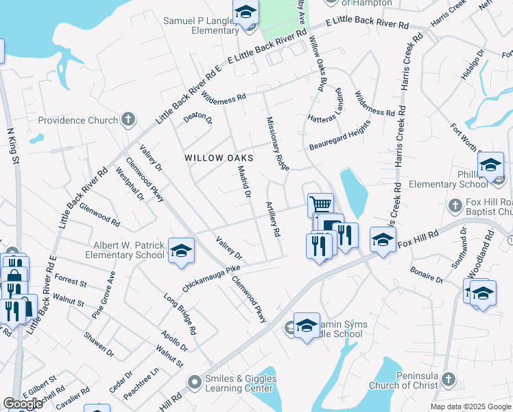 map of restaurants, bars, coffee shops, grocery stores, and more near 131 Madrid Drive in Hampton