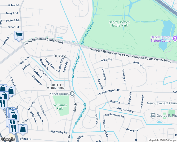 map of restaurants, bars, coffee shops, grocery stores, and more near 10 Tripp Terrace in Hampton