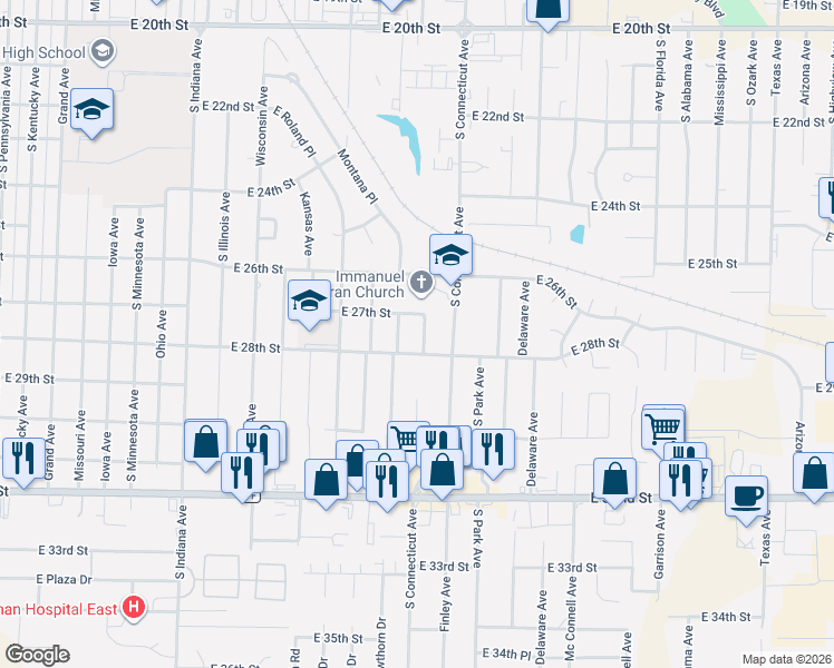 map of restaurants, bars, coffee shops, grocery stores, and more near 1600-1698 East 27th Street in Joplin