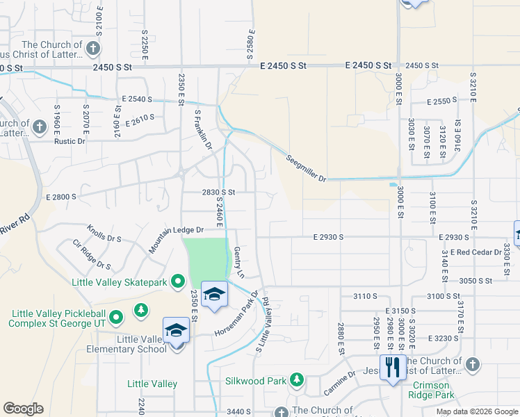 map of restaurants, bars, coffee shops, grocery stores, and more near 2821 Little Valley Rd in St George