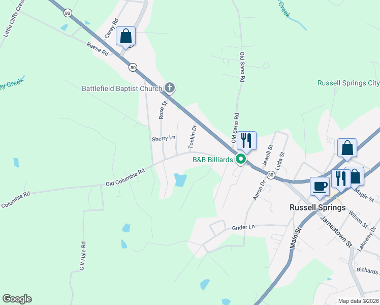 map of restaurants, bars, coffee shops, grocery stores, and more near 44 Tonkin Drive in Russell Springs
