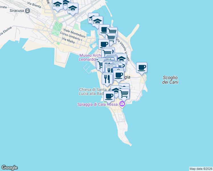 map of restaurants, bars, coffee shops, grocery stores, and more near 15 Via del Collegio in Siracusa